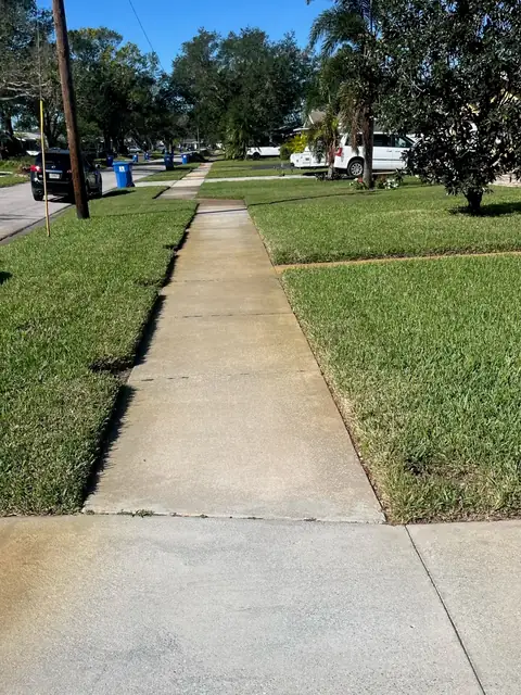 Front sidewalk with orange irrigation rust staining, before