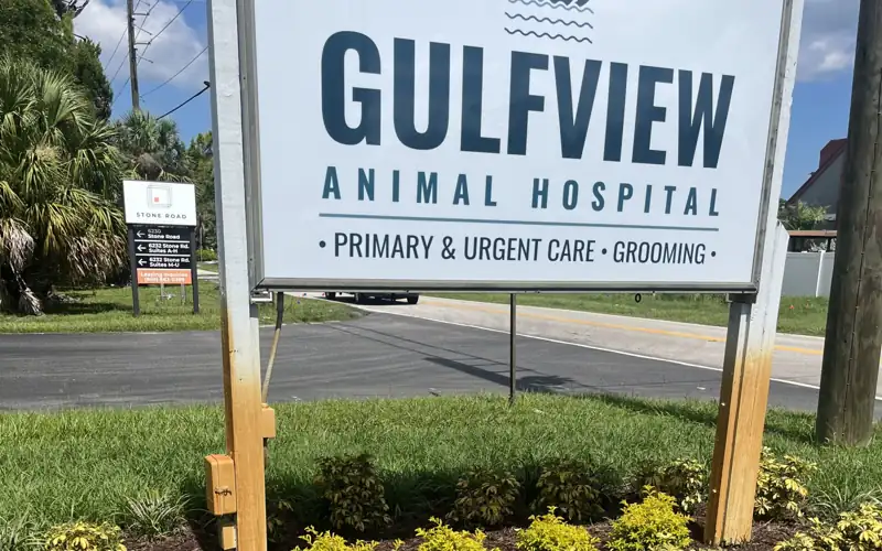 Gulfview Animal Hospital sign with irrigation rust on its posts