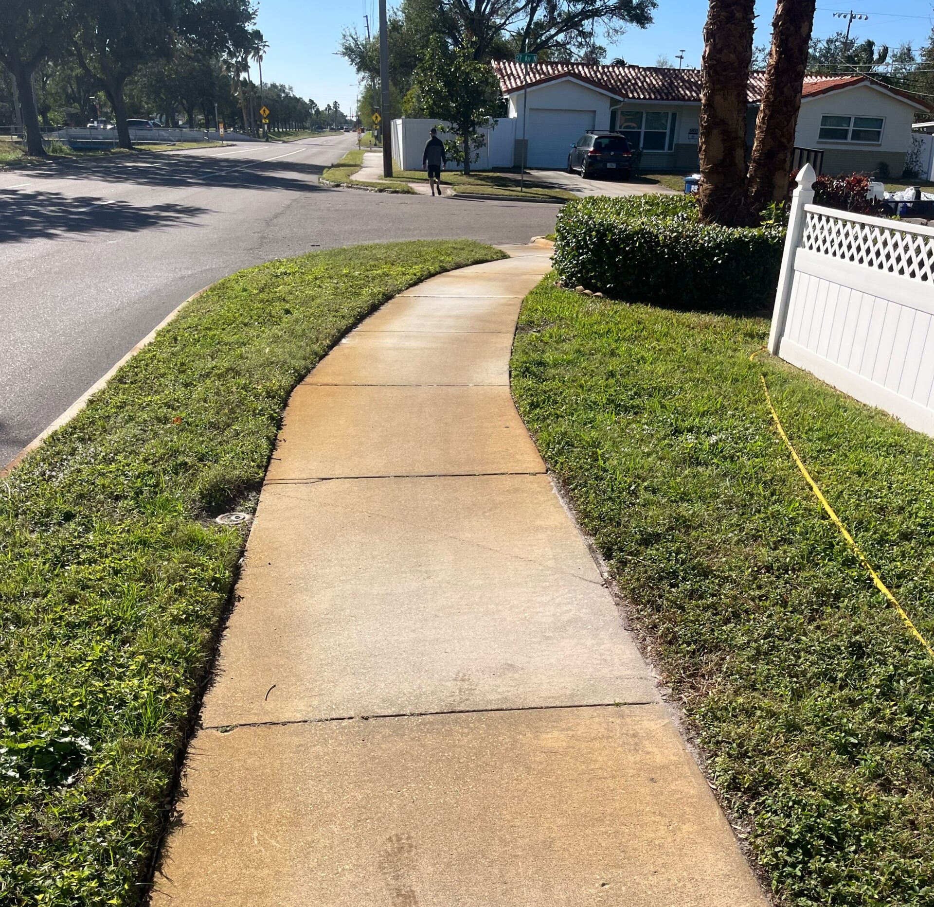 Sidewalk filled with rust staining.