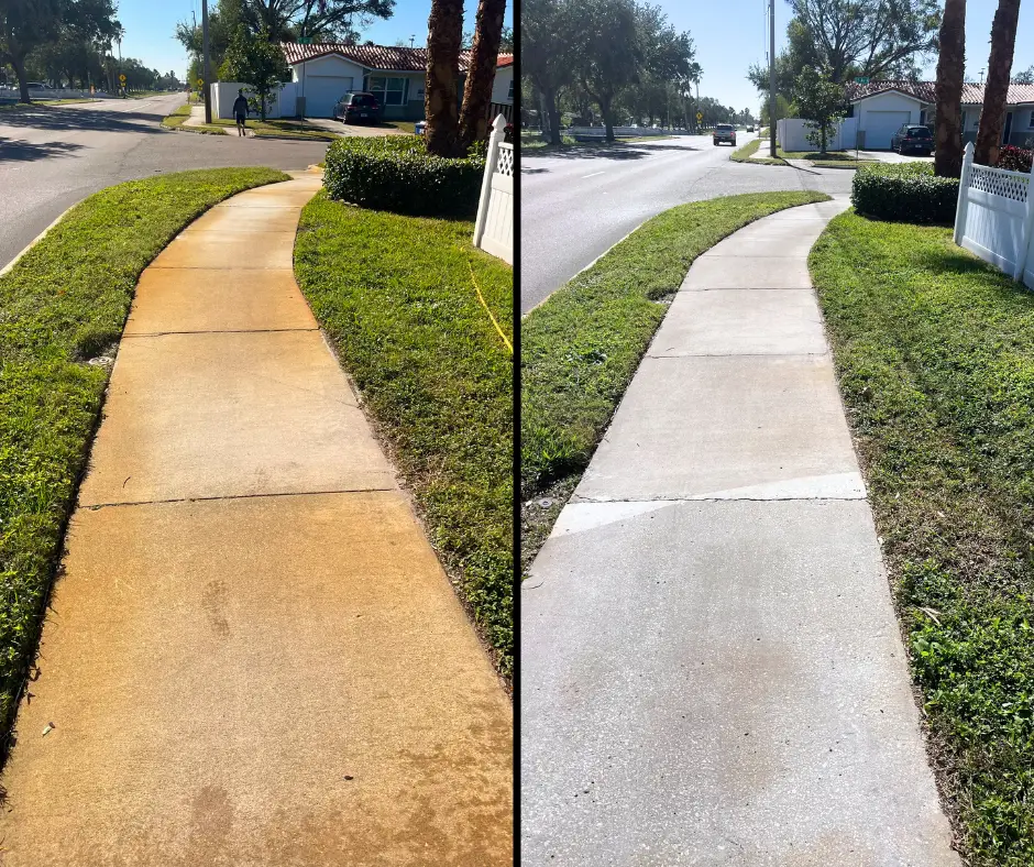 Before and after sidewalk rust removal.